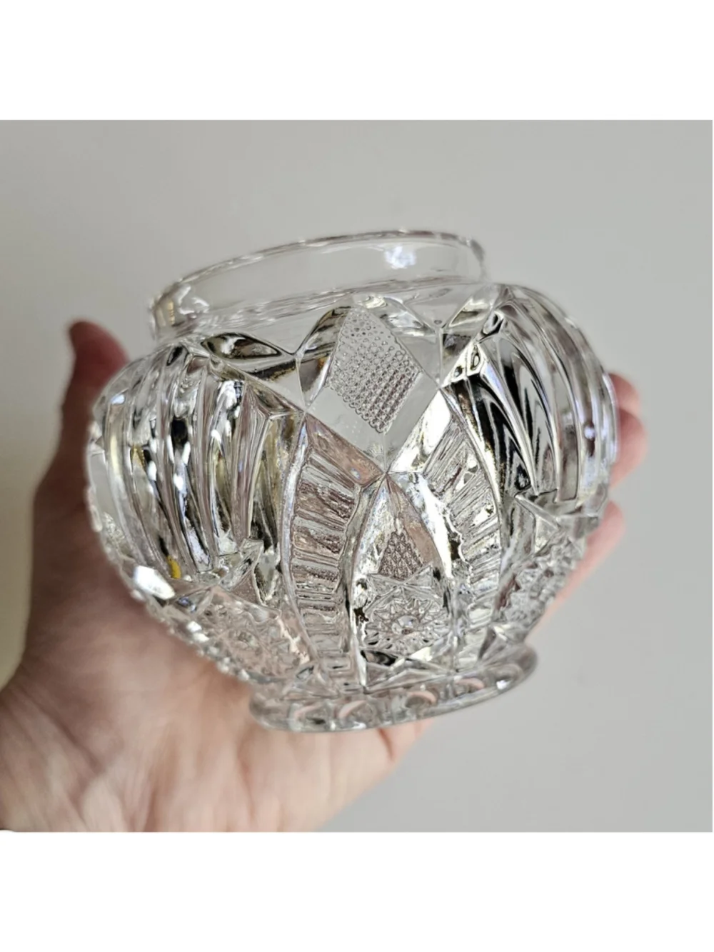 Vintage Pressed Glass Rose Bowl Small Squat Vase Hobstar & Crosshatch Pattern